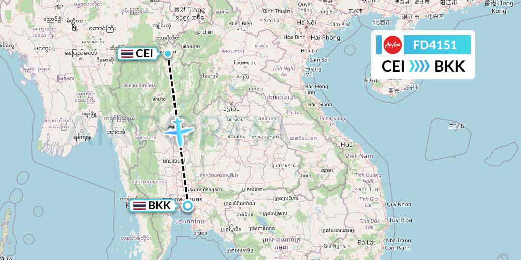 FD4151 Thai AirAsia Flight Map: Chiang Rai to Bangkok