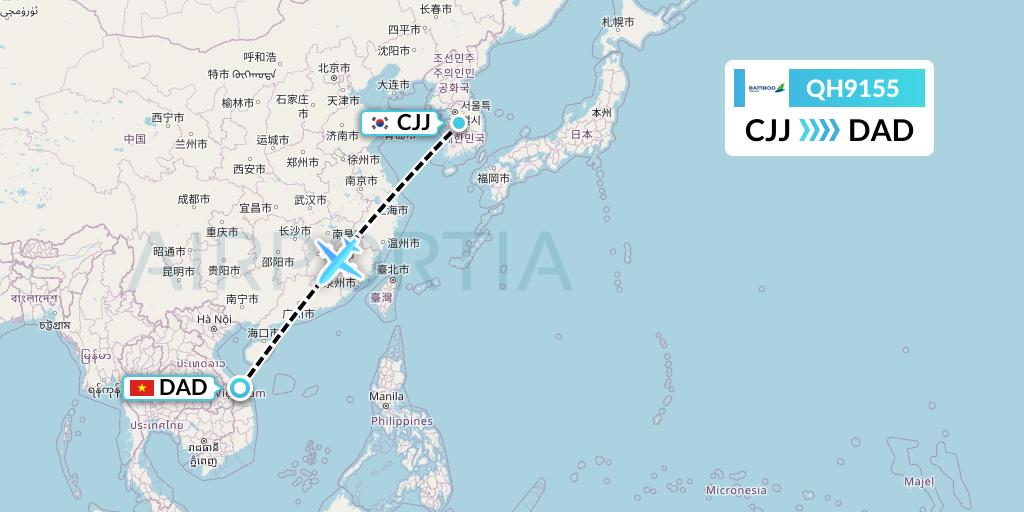 QH9155 Bamboo Airways Flight Map: Cheongju to Da Nang