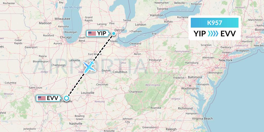 K957 Kalitta Charters Flight Map: Detroit to Evansville