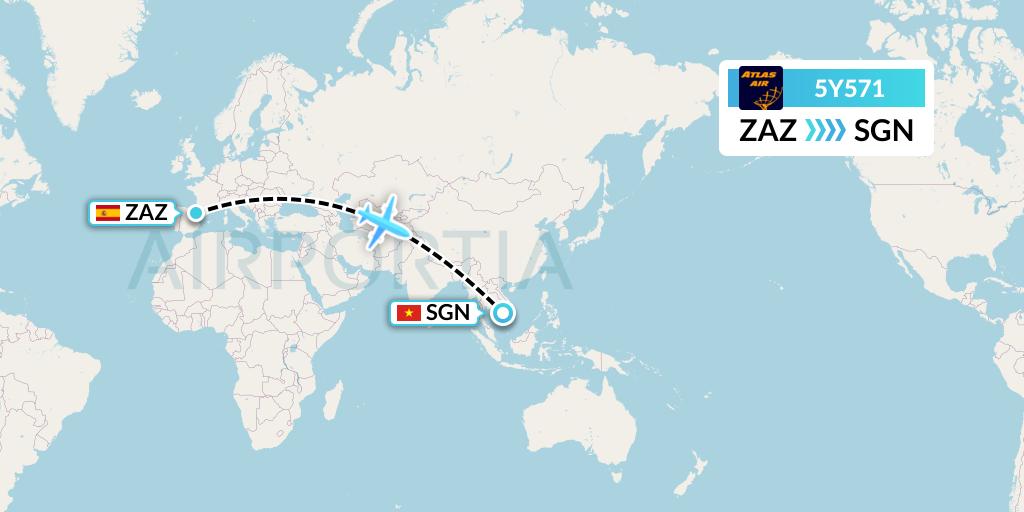5Y571 Atlas Air Flight Map: Zaragoza to Ho Chi Minh City