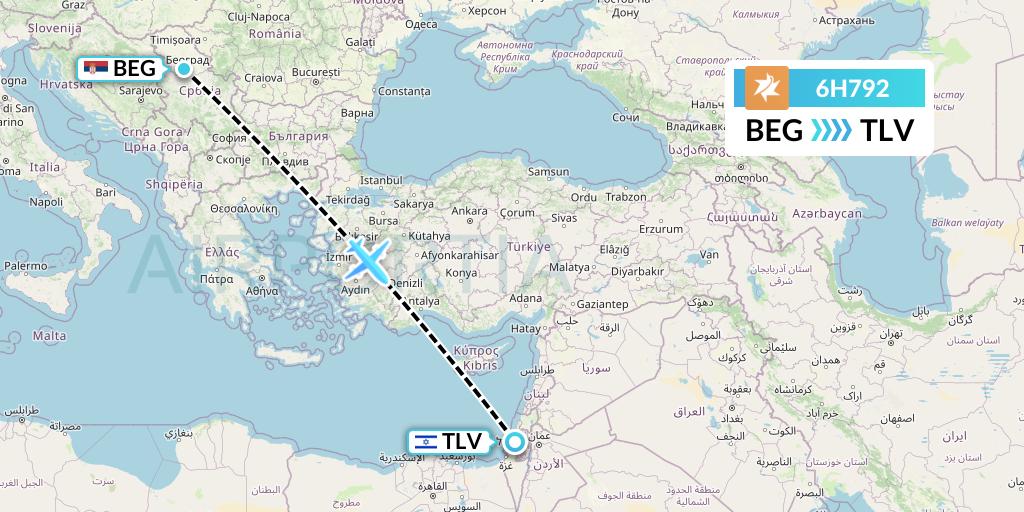 6H792 Israir Airlines Flight Map: Belgrade to Tel Aviv