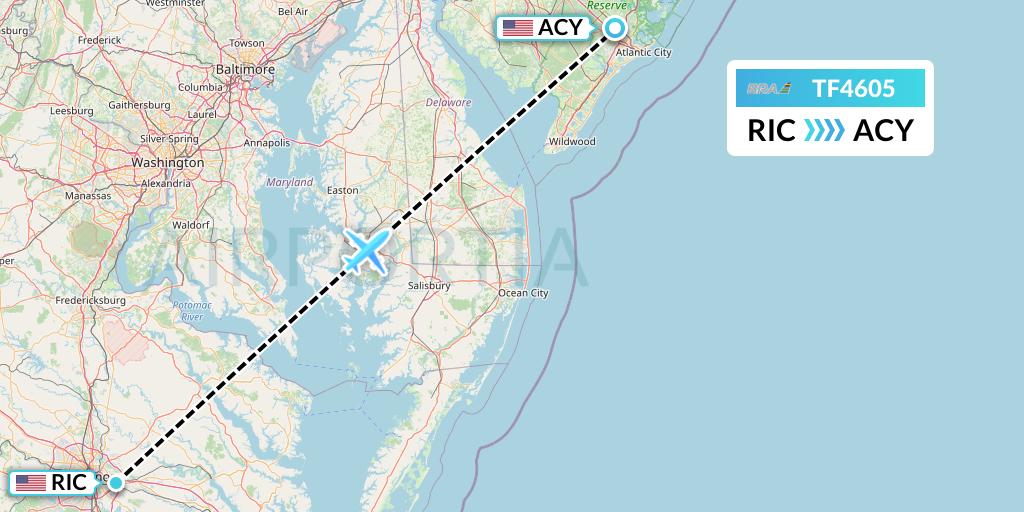 TF4605 Malmo Aviation Flight Map: Richmond to Atlantic City