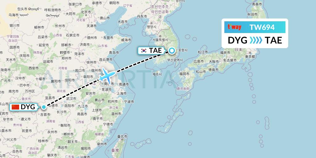 TW694 T'way Air Flight Map: Dayong to Daegu