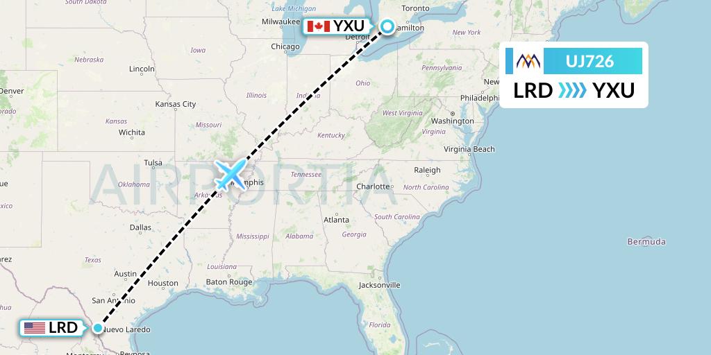 UJ726 AlMasria Universal Airlines Flight Map: Laredo to London