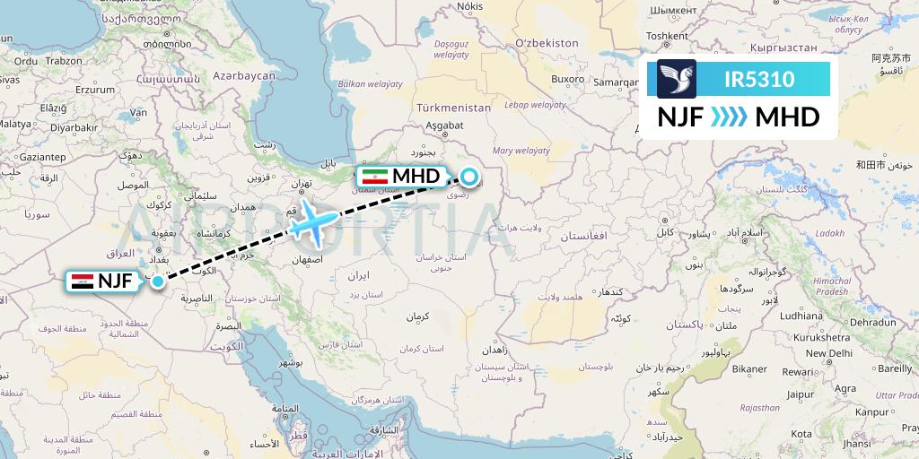IR5310 Iran Air Flight Map: Najaf to Mashhad