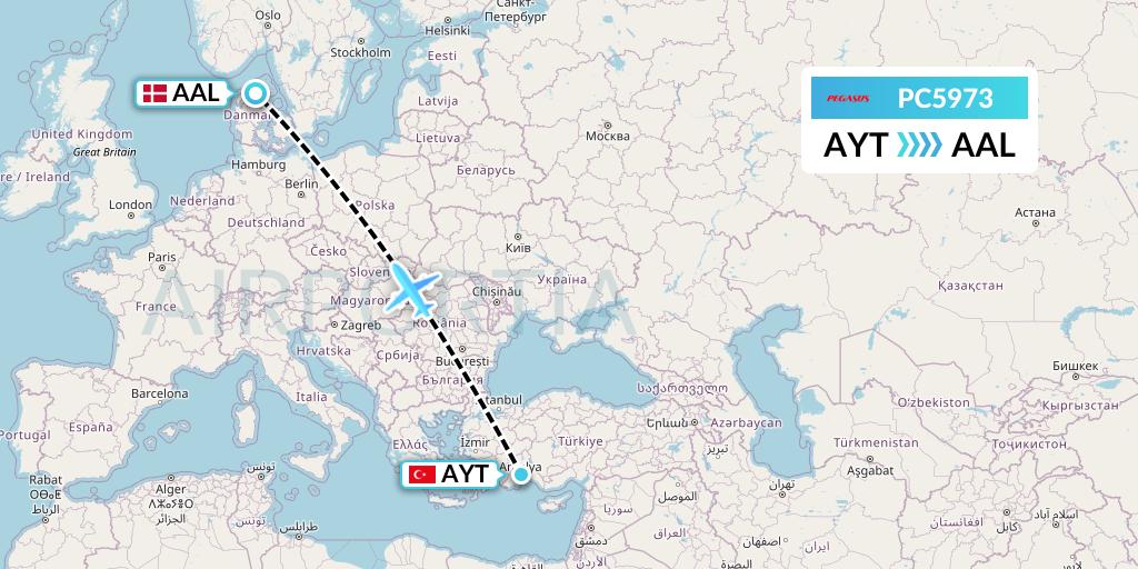 PC5973 Pegasus Airlines Flight Map: Antalya to Aalborg