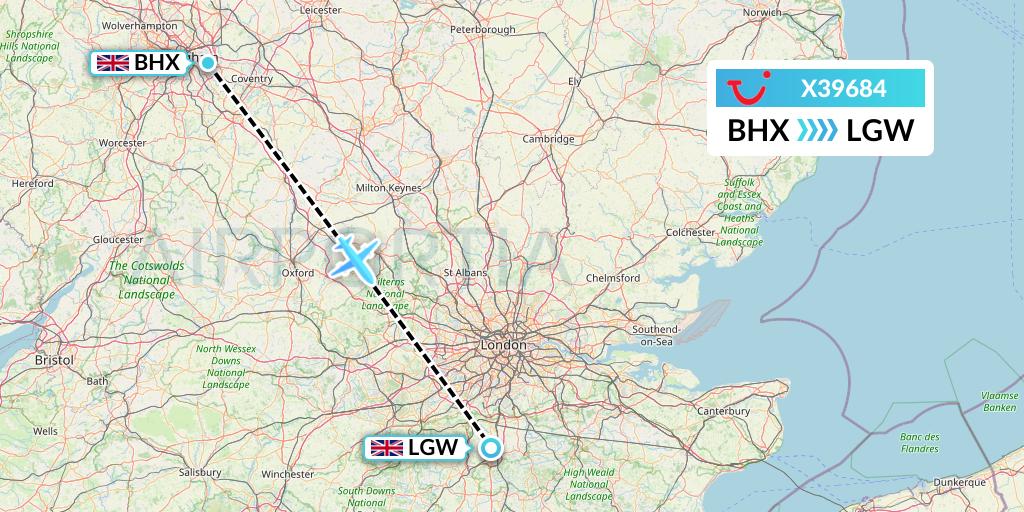 X39684 TUI fly Germany Flight Map: Birmingham to London