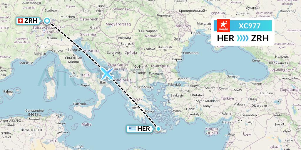 XC977 Corendon Airlines Flight Map: Heraklion to Zurich