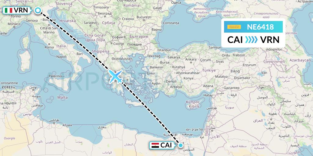 NE6418 Nesma Airlines Flight Map: Cairo to Verona