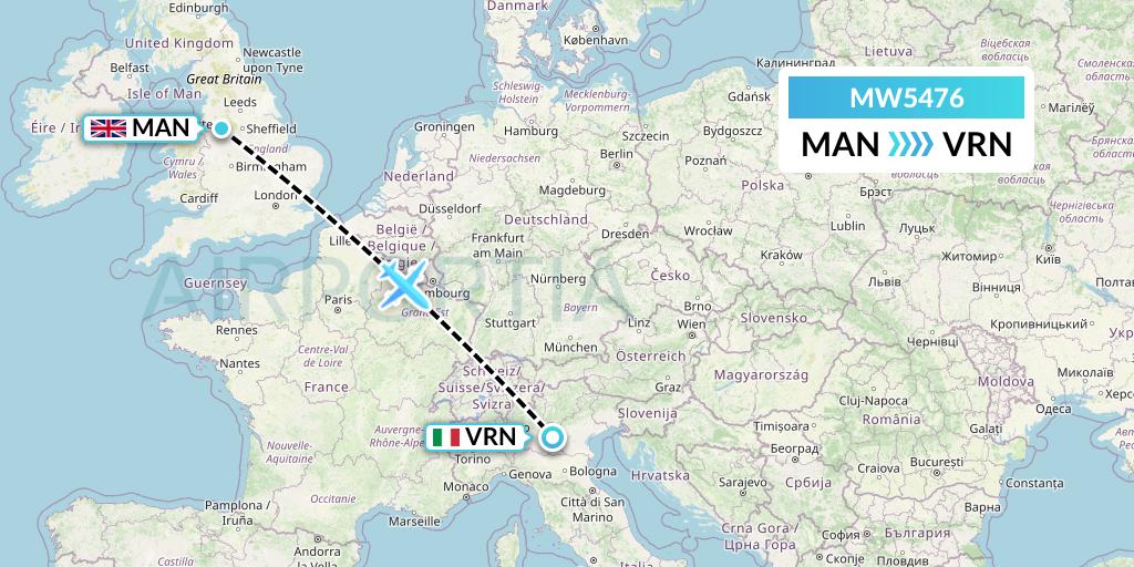 MW5476 Mokulele Flight Service Flight Map: Manchester to Verona