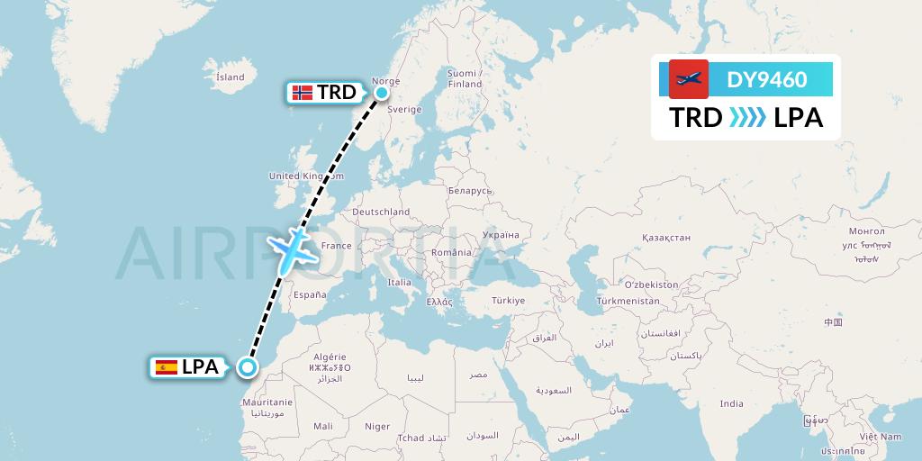 DY9460 Norwegian Flight Map: Trondheim to Las Palmas