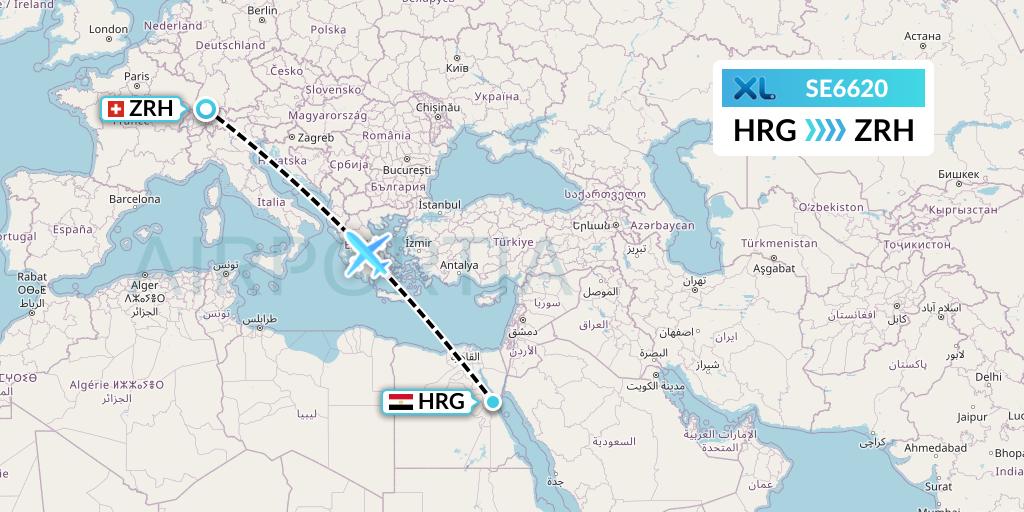 SE6620 XL Airways France Flight Map: Hurghada to Zurich