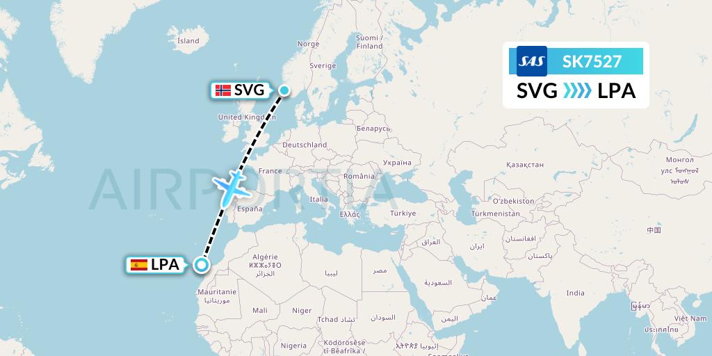 SK7527 SAS Flight Map: Stavanger to Las Palmas