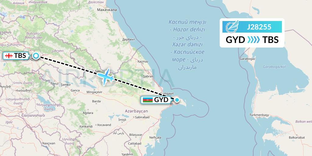 J28255 Azerbaijan Airlines Flight Map: Baku to Tbilisi