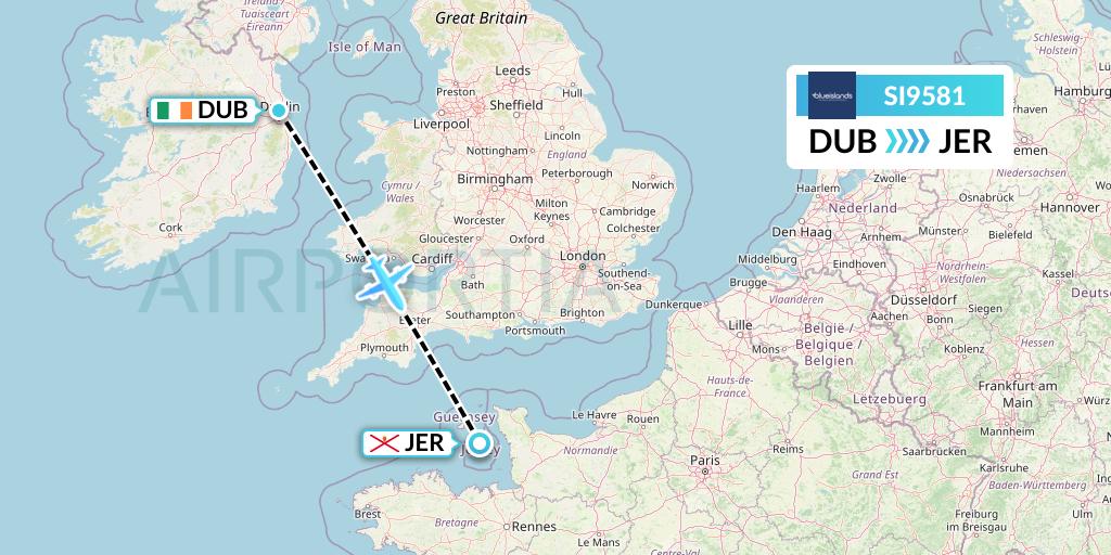 SI9581 Blue Islands Flight Map: Dublin to Jersey