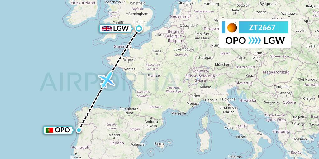 ZT2667 Titan Airways Flight Map: Porto to London