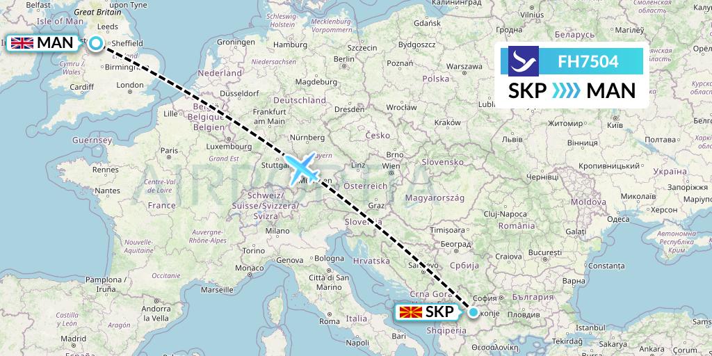 FH7504 Freebird Airlines Flight Map: Skopje to Manchester