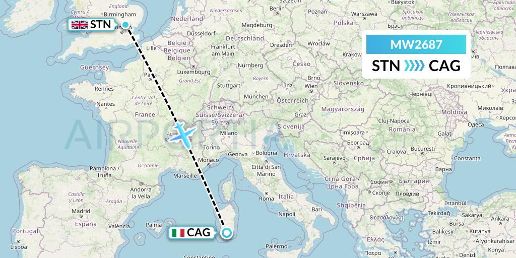 MW2687 Mokulele Flight Service Flight Map: London to Cagliari