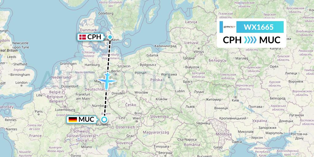 WX1665 Cityjet Flight Map: Copenhagen to Munich