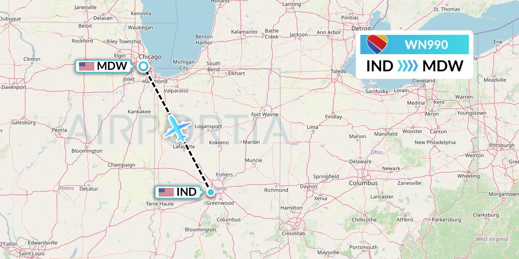 WN990 Southwest Airlines Flight Map: Indianapolis to Chicago
