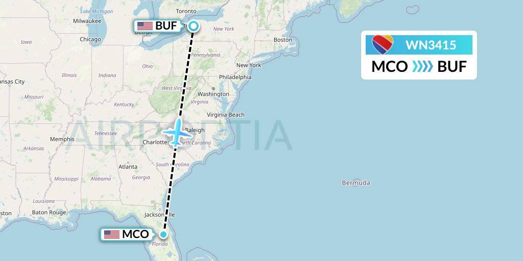 WN3415 Southwest Airlines Flight Map: Orlando to Buffalo