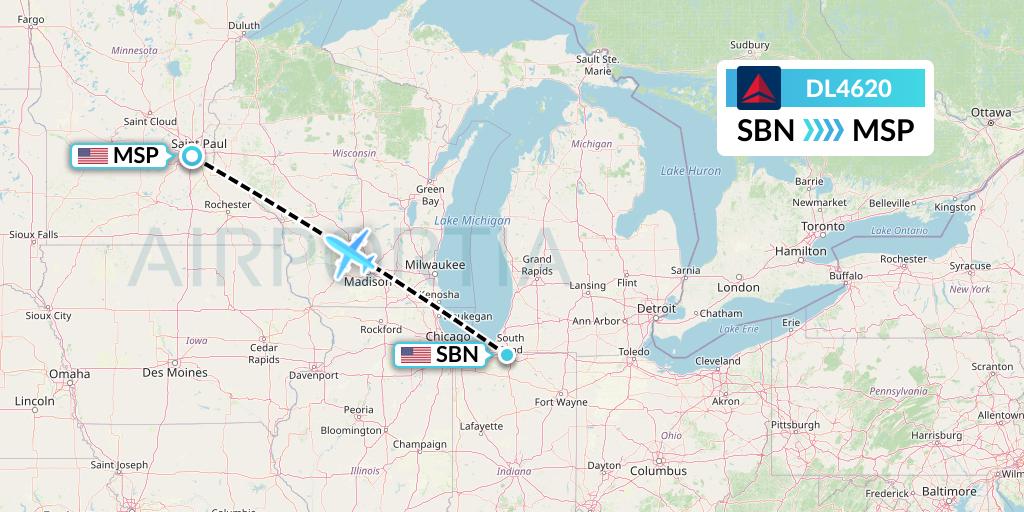 DL4620 Delta Air Lines Flight Map: South Bend to Minneapolis
