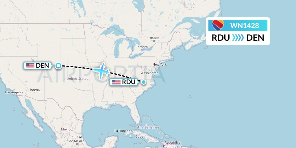WN1428 Southwest Airlines Flight Map: Raleigh-Durham to Denver
