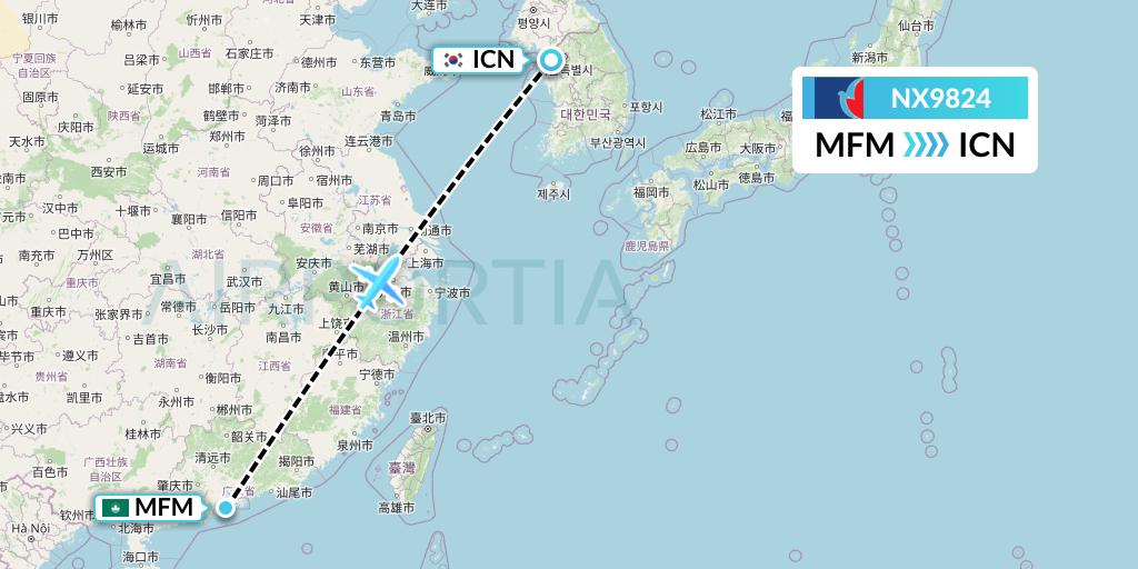 NX9824 Air Macau Flight Map: Macau to Seoul