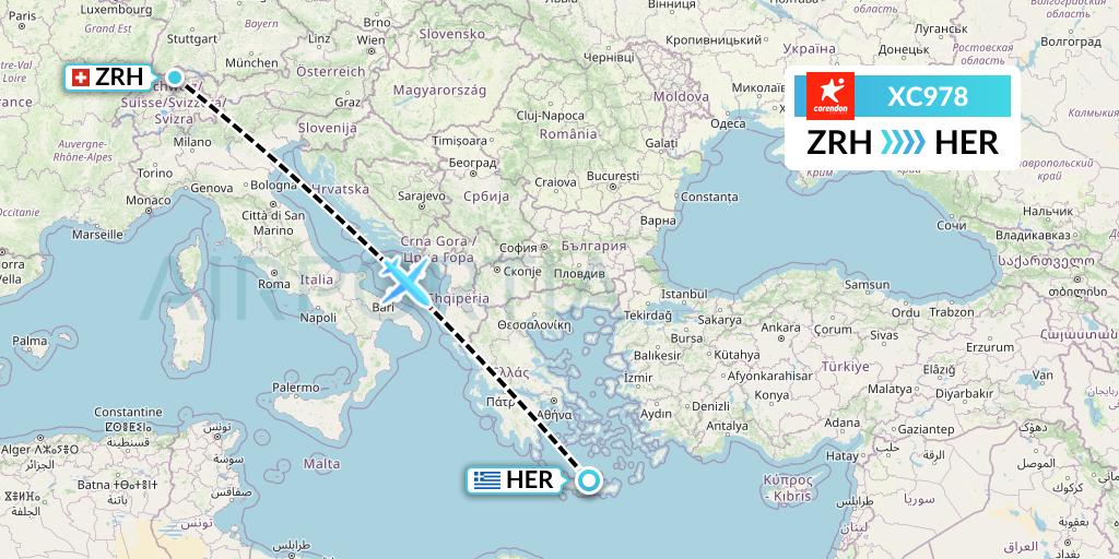XC978 Corendon Airlines Flight Map: Zurich to Heraklion