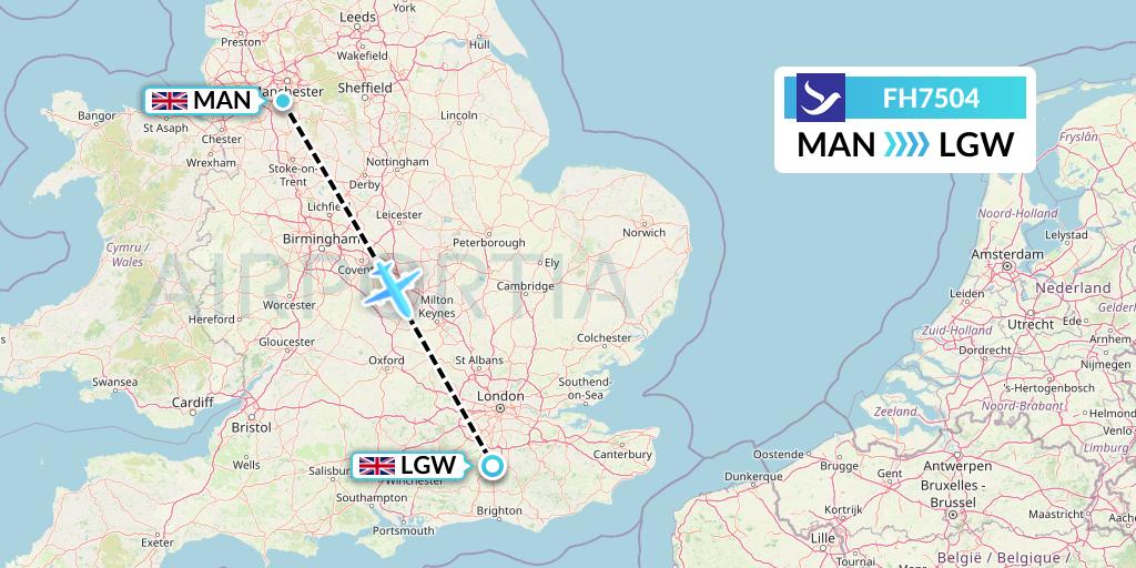 FH7504 Freebird Airlines Flight Map: Manchester to London