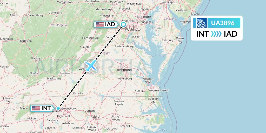 UA3896 United Airlines Flight Map: Winston-Salem to Washington