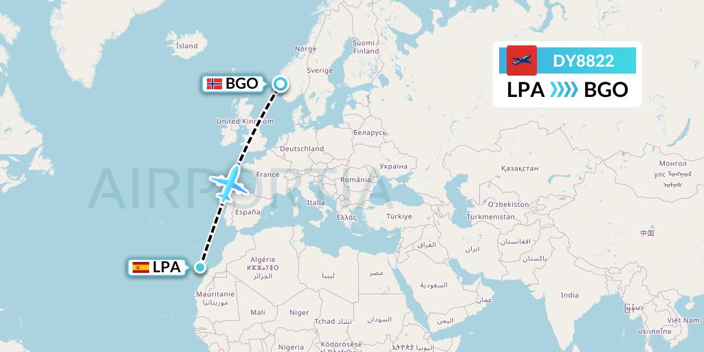 DY8822 Norwegian Flight Map: Las Palmas to Bergen