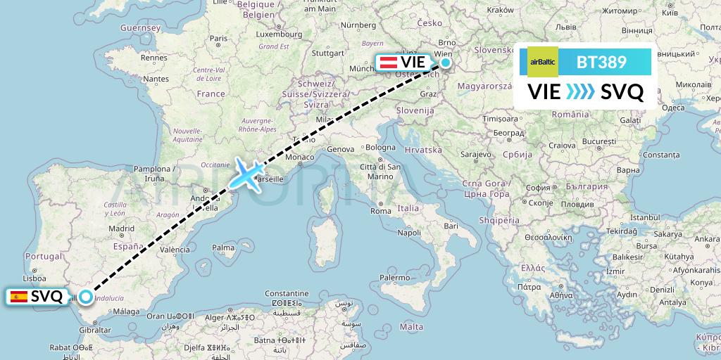BT389 Air Baltic Flight Map: Vienna to Seville