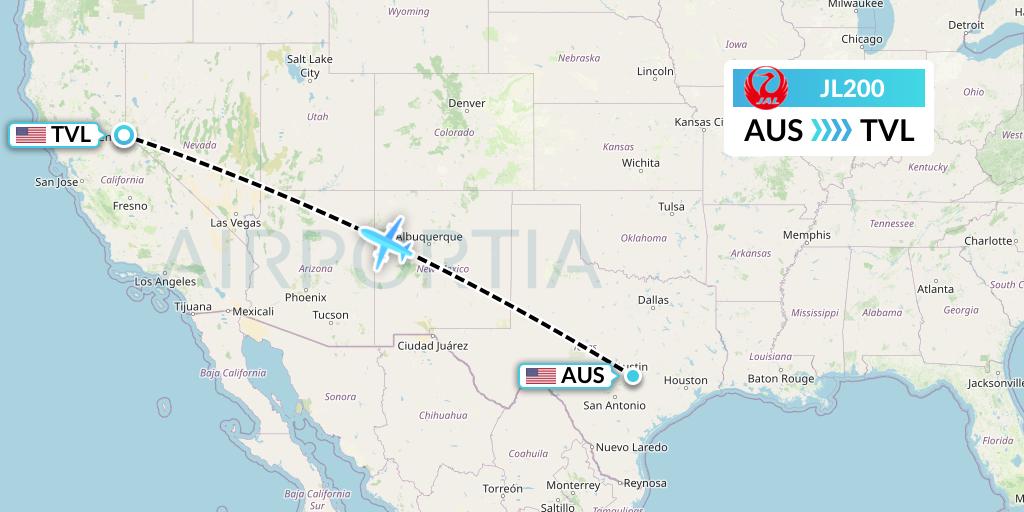 JL200 Japan Airlines Flight Map: Austin to South Lake Tahoe