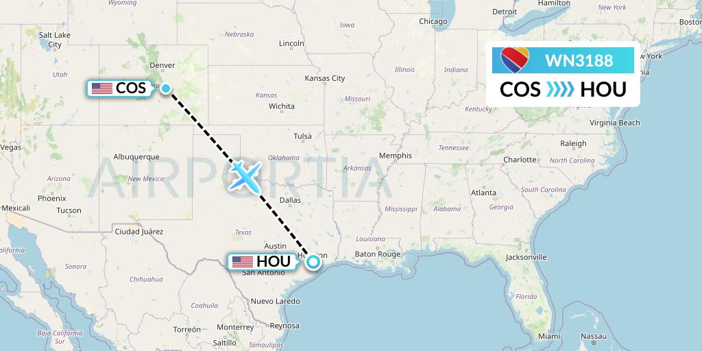 WN3188 Southwest Airlines Flight Map: Colorado Springs to Houston