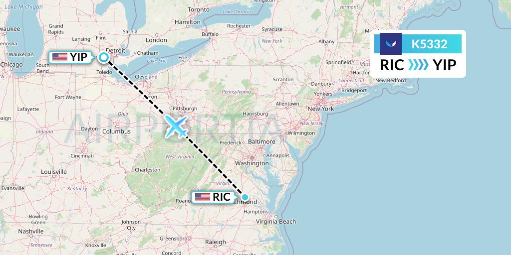 K5332 SeaPort Airlines Flight Map: Richmond to Detroit