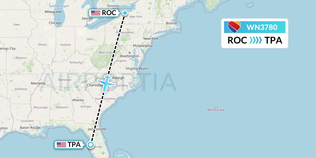 WN3780 Southwest Airlines Flight Map: Rochester to Tampa