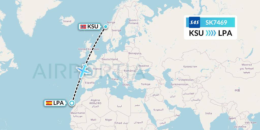 SK7469 SAS Flight Map: Kristiansund to Las Palmas