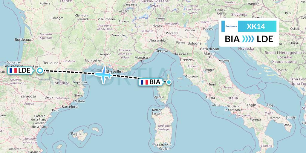 XK14 Air Corsica Flight Map: Bastia to Tarbes