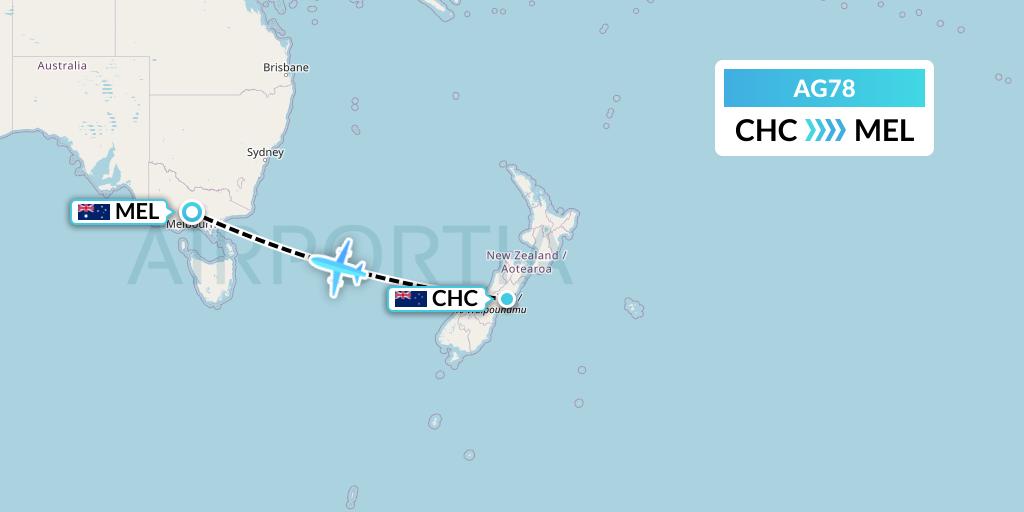 AG78 Aruba Airlines Flight Map: Christchurch to Melbourne