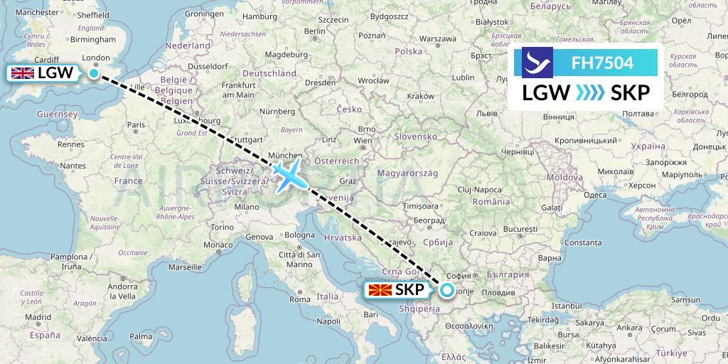 FH7504 Freebird Airlines Flight Map: London to Skopje