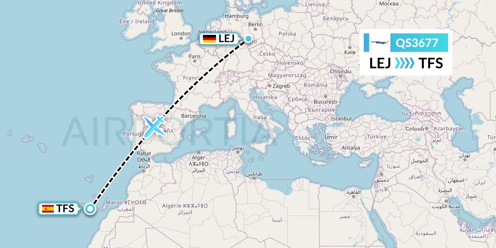 QS3677 Smartwings Flight Map: Leipzig to Tenerife