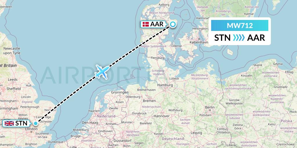 MW712 Mokulele Flight Service Flight Map: London to Aarhus