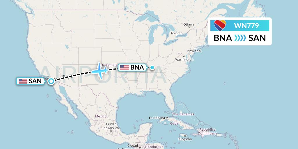WN779 Southwest Airlines Flight Map: Nashville to San Diego