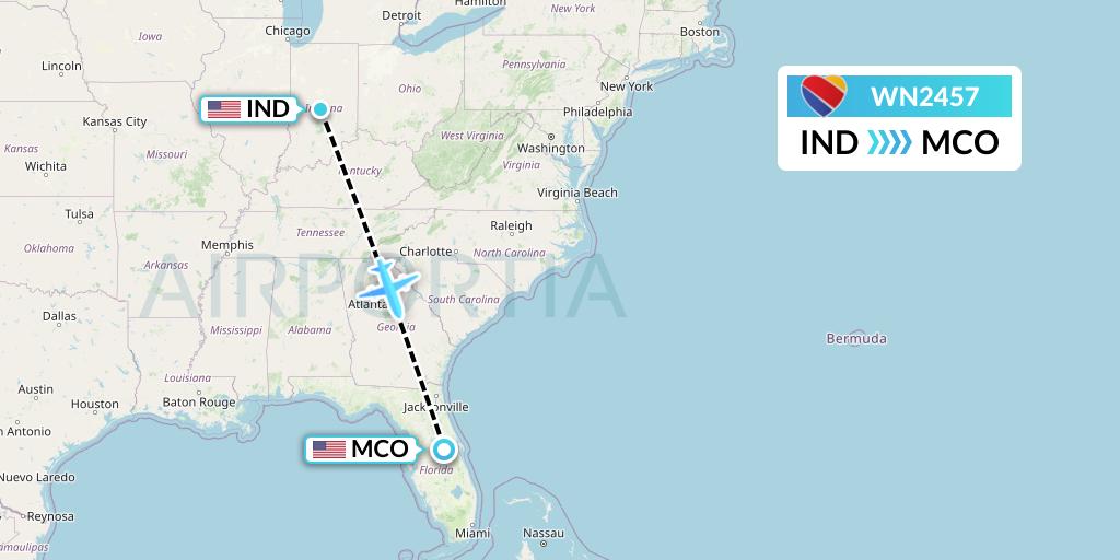 WN2457 Southwest Airlines Flight Map: Indianapolis to Orlando