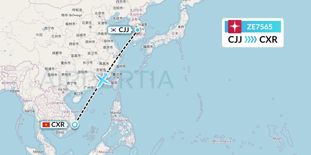 ZE7565 Eastar Jet Flight Map: Cheongju to Nha Trang