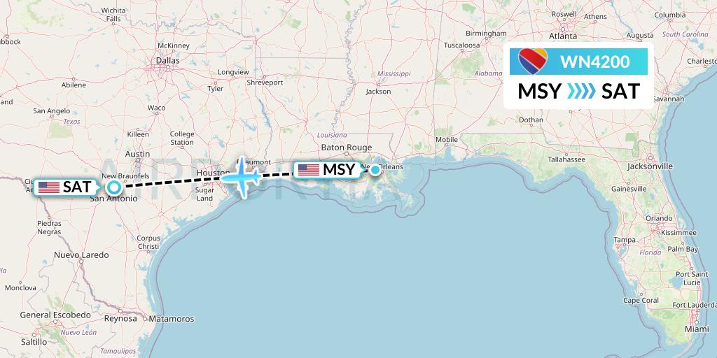 WN4200 Southwest Airlines Flight Map: New Orleans to San Antonio
