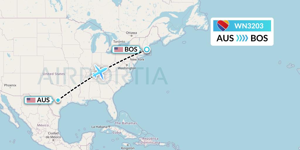 WN3203 Southwest Airlines Flight Map: Austin to Boston