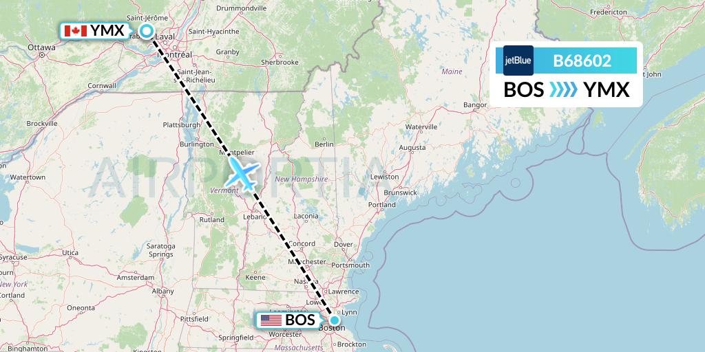 B68602 JetBlue Airways Flight Map: Boston to Montreal