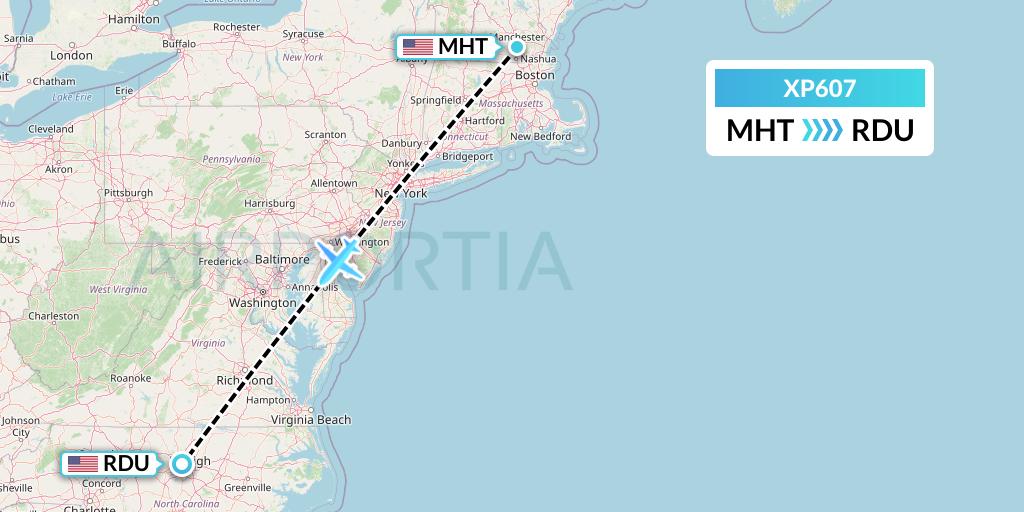 XP607 Avelo Airlines Flight Map: Manchester to Raleigh-Durham